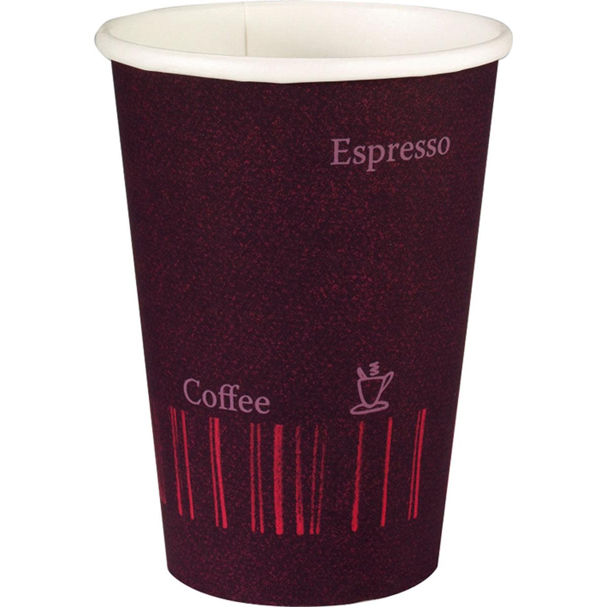 The Duni GmbH "COFFEE QUICK" PAP/PE cups (50 pieces) feature a dark red and black design with "Espresso," "Coffee," a cup symbol, and vertical lines—ideal as leak-proof coffee-to-go cups.