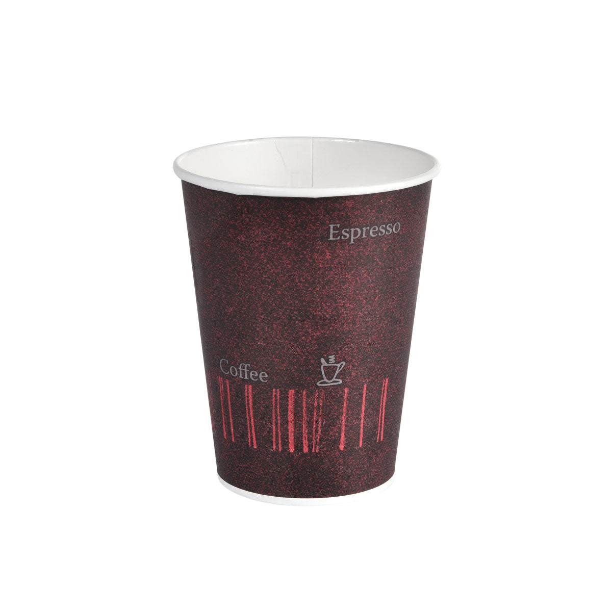 Der Duni GmbH Becher Coffee Quick Bedruckt PAP/PE (Packung 50 Stück) zeigt ein dunkles, strukturiertes Design mit "Espresso", "Kaffee" und einem Tassensymbol. Der leere Coffee-to-go-Becher steht auf einem schlichten weißen Hintergrund.