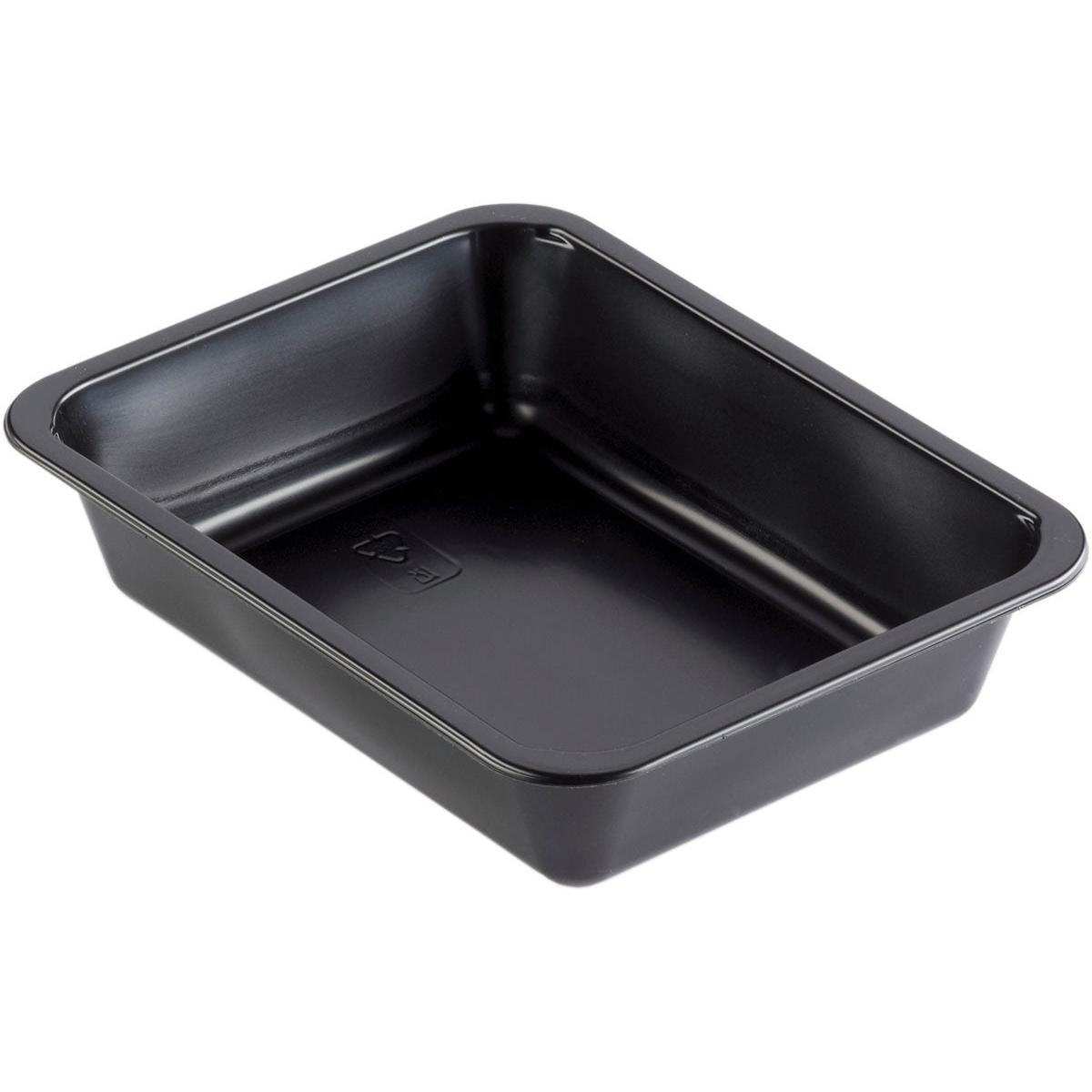 The Duni GmbH Caterline 1 Black PP 227x178 tray is shown at an angle to highlight its slightly rounded corners, raised edges, and interior.