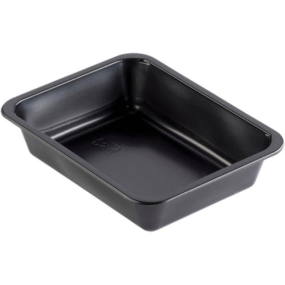 The Duni GmbH Caterline 1 Black PP 227x178 tray is shown at an angle to highlight its slightly rounded corners, raised edges, and interior.
