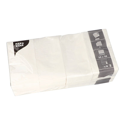 Eine in Kunststoff verpackte Packung PAPSTAR Servietten 1-lagig 33x33 cm, 1/8-Falz, weiß (500 Stück) von PAPSTAR GmbH, FSC-zertifiziert, ideal für die Gastronomie und von schräg oben dargestellt.