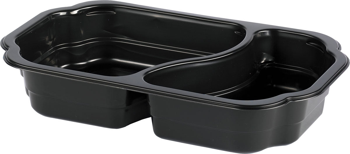 Die Duni GmbH PP-Schale Take-Away 2 Schwarz PP/MIN ist eine schwarze Lebensmittelschale mit zwei Fächern (ein großes, ein kleines), leicht erhöhtem Rand, glänzender Oberfläche und bietet eine umweltfreundliche Lösung zur Trennung von Lebensmitteln beim Take-Away.