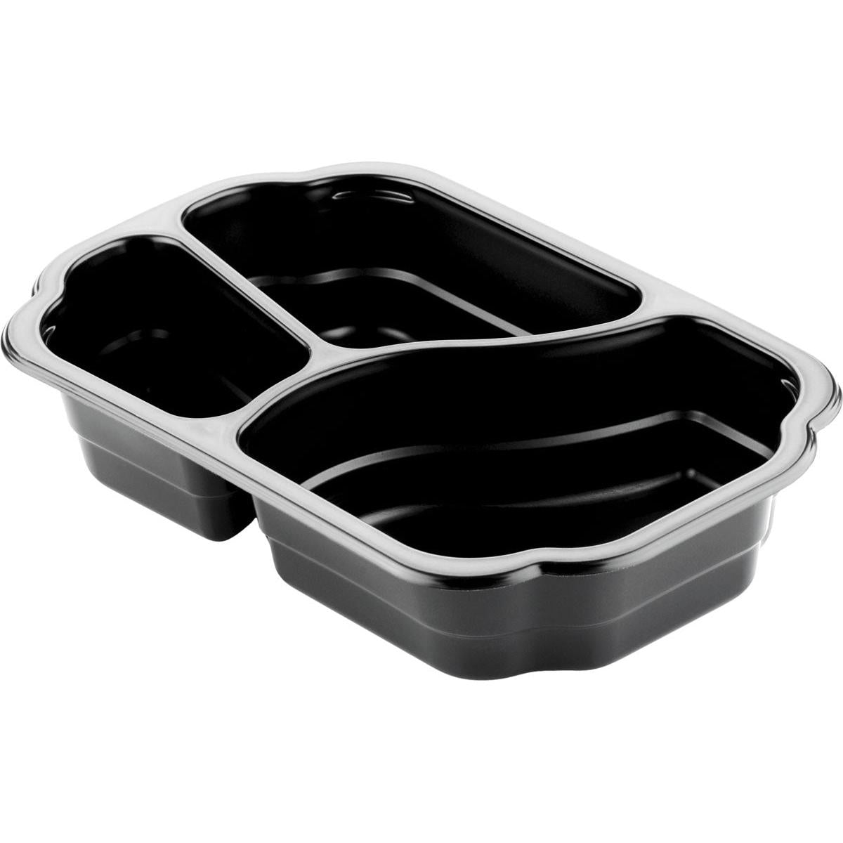 The Duni GmbH PP Bowl Take-Away 3 Black PP/MIN 250x159x48 (Package: 246 pieces) has three compartments for portioning food, is microwave safe, and ideal for the catering industry - depicted empty on a white background.