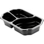The Duni GmbH PP Bowl Take-Away 3 Black PP/MIN 250x159x48 (Package: 246 pieces) has three compartments for portioning food, is microwave safe, and ideal for the catering industry - depicted empty on a white background.