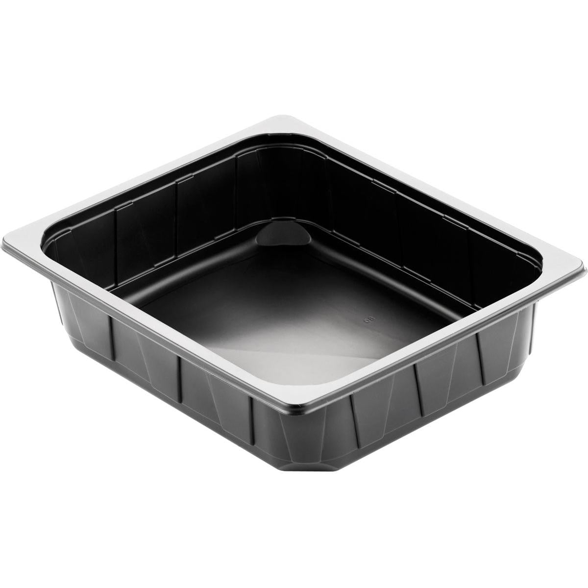A black PP tray 1/2 GN (325x265x60 mm) from Duni GmbH, made of polypropylene with a wide rim and textured sides, perfect for professional gastronomy. Available in packs of 100 pieces.