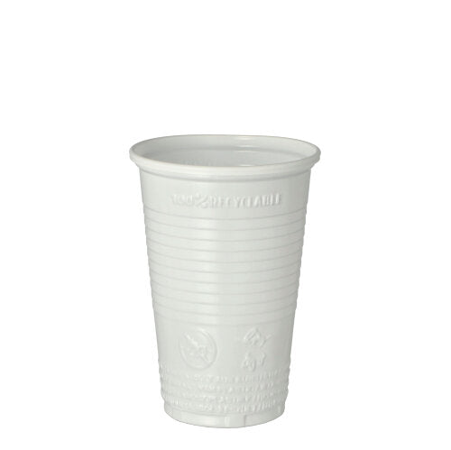 A white Starpak 100 drinking cup by Starpak made of PP with external ribs stands upright on a white surface. Recycling symbols and text are embossed at the bottom, making it ideal for events.