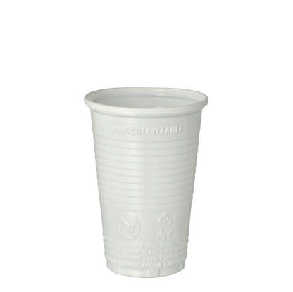 A white Starpak 100 drinking cup by Starpak made of PP with external ribs stands upright on a white surface. Recycling symbols and text are embossed at the bottom, making it ideal for events.