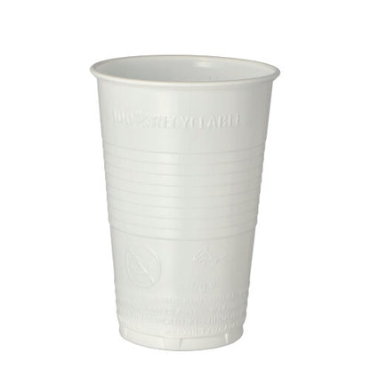 The Starpak 100 drinking cup, a white cup made of polypropylene with slightly conical, ribbed sides and an embossed "100% recyclable" label near the rim, stands upright on a white background - perfect for events.