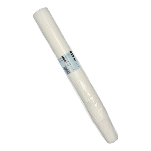 A sealed stack of Starpak 100 drinking cups made of white PP, wrapped in clear plastic with a central barcode label - ideal for events.
