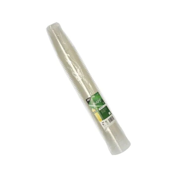 Eine durchsichtige Rolle Frischhaltefolie in transparenter Verpackung mit grün-weißem Etikett, abgebildet auf weißem Hintergrund. Perfekt für die Verwendung mit PAPSTAR 70 Kaltgetränkebecher, PLA "pure" glasklar mit Schaumrand von PAPSTAR GmbH zur umweltfreundlichen Lagerung.