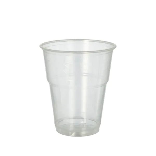 Der PAPSTAR GmbH 70 Kaltgetränkebecher, PLA "pure" glasklar mit Schaumrand, ist ein umweltfreundliches Becher-Ideal zum Servieren von Kaltgetränken und hier leer vor einem schlichten weißen Hintergrund abgebildet.