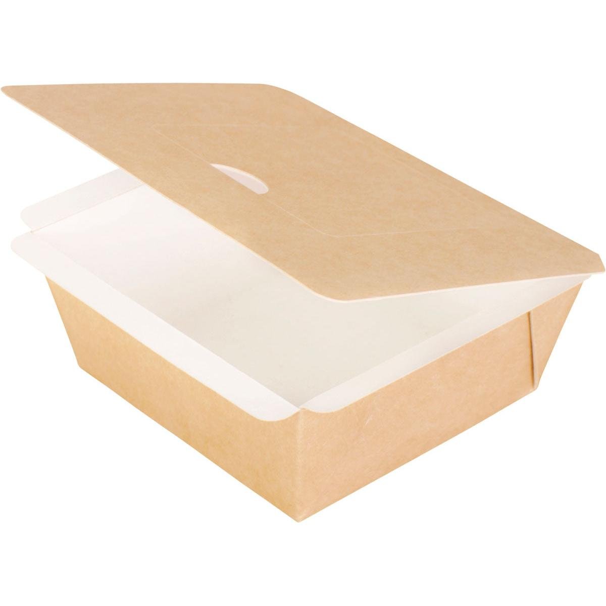 A brown, square cardboard box (115x115x50 mm) from Duni GmbH with a partially open lid reveals its white PE interior. This brown carton (package of 250 pieces) is photographed empty on a white background.