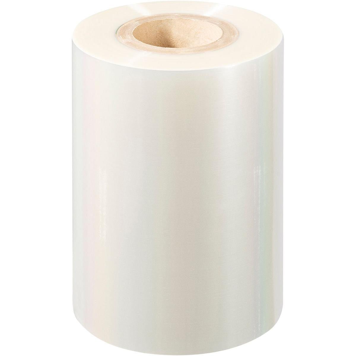 Eine große Rolle Duni GmbH PET-Siegelfolie Antifog PET-Folie mit einem Pappkern, aufrecht stehend auf weißem Hintergrund.