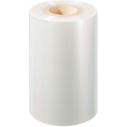 Eine große Rolle Duni GmbH PET-Siegelfolie Antifog PET mit einem Pappkern steht aufrecht auf weißem Hintergrund.