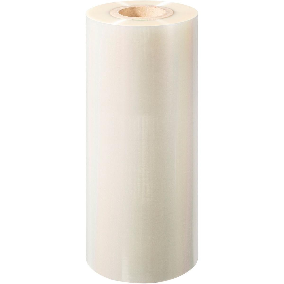 Eine große, aufrecht stehende Rolle Duni GmbH PET-Siegelfolie Antifog PET mit einem Pappkern wird vor einem weißen Hintergrund präsentiert.