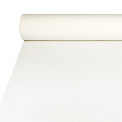 A roll of Starpak discontinued product tablecloth, fabric-like Airlaid (20 m x 1.2 m, white), is partially unrolled on a flat surface like a tablecloth, with the roll on top and the paper running downwards.