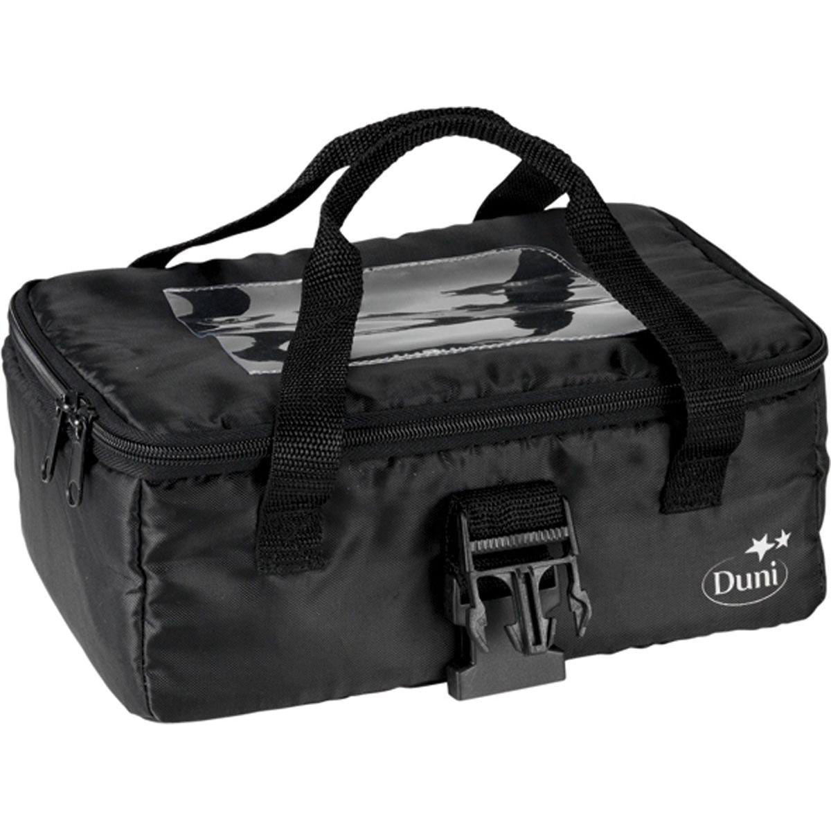 The thermal bag 1 Black Nylon 290x200x100 from Duni GmbH is a black insulated bag with two handles, a clear view window on top, a side zipper, and a buckle at the front; with the "Duni" logo and two stars in the lower right corner.