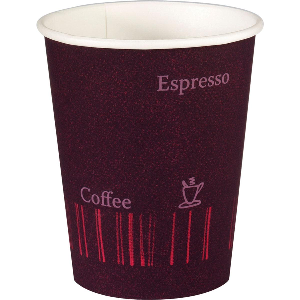 Die Duni GmbH Becher "COFFEE QUICK" Bedruckt PAP/PE (50 Stück) sind kleine, auslaufsichere Einwegbecher im kastanienbraunen Kaffeedesign - ideal für Coffee to go Momente.