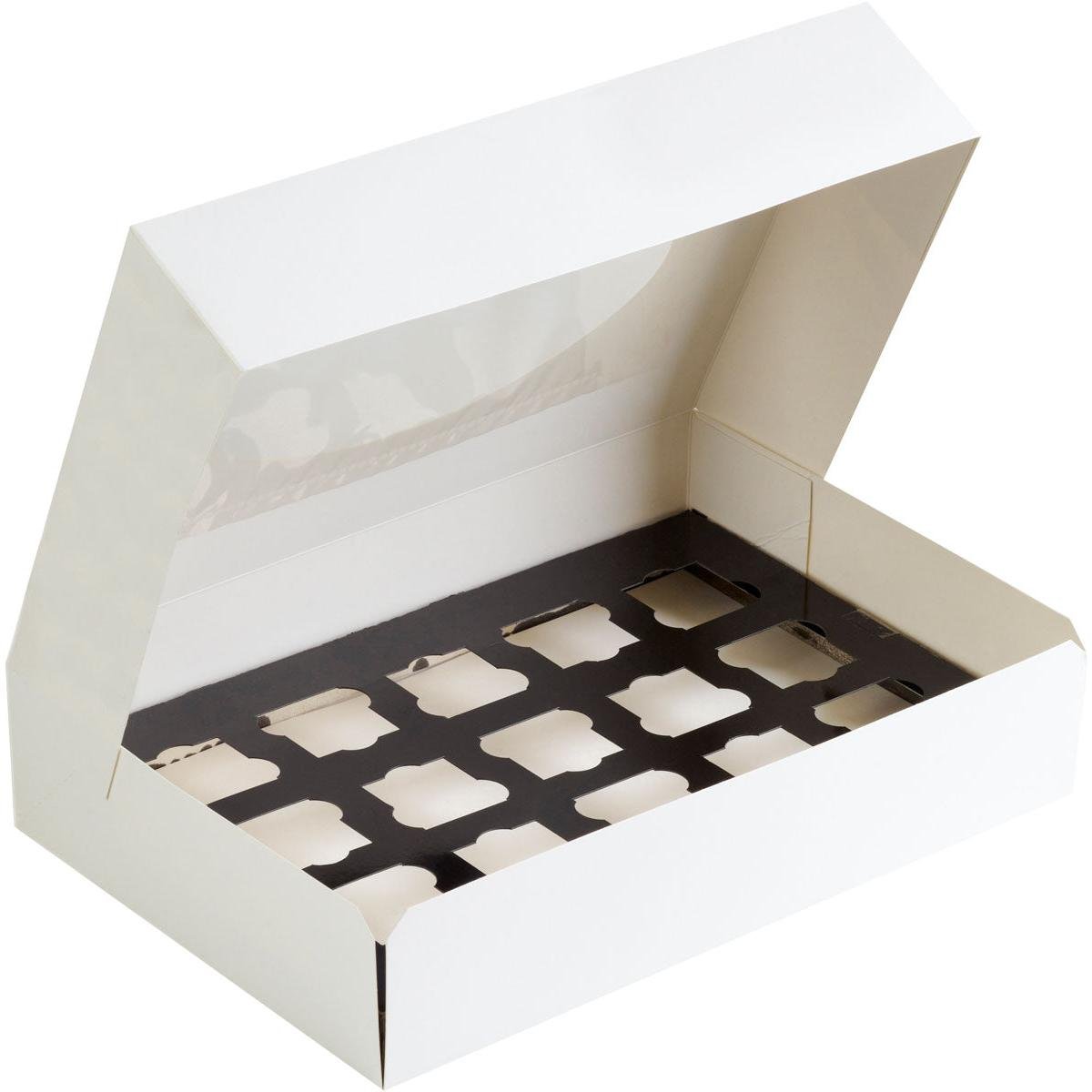 The Duni GmbH Catering Transport Box S (White Cardboard/PE, 360x250x80mm) is equipped with a black insert with sixteen square compartments and is perfect for the safe transport of cupcakes or pastries. Sold in packs of 10.