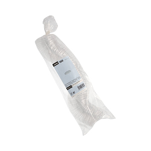 A transparent plastic bag with 100 stacked Starpak PS round lids (Ø 6.7 cm, 1 cm high), transparent, wrapped in foil with a white label and product information - ideal for food packaging.