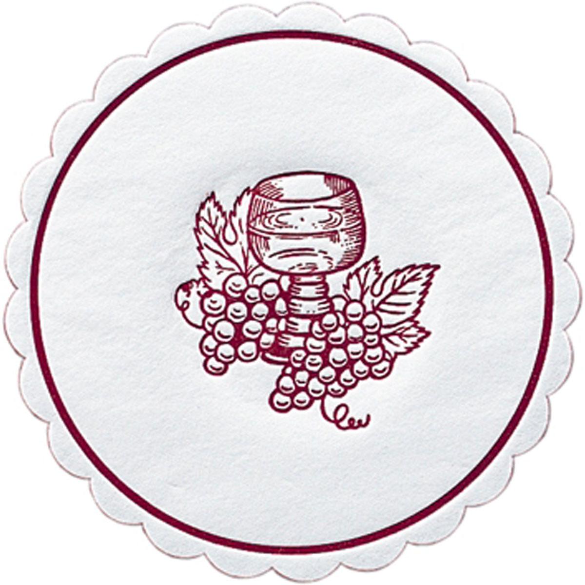 The Duni GmbH wine glass coaster (Ø10 cm) features a round white tissue paper design with wavy edges, chestnut brown border, and an illustration of the Bordeaux grape; available in packs of 8 or 250 pieces.