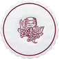 The Duni GmbH wine glass coaster (Ø10 cm) features a round white tissue paper design with wavy edges, chestnut brown border, and an illustration of the Bordeaux grape; available in packs of 8 or 250 pieces.