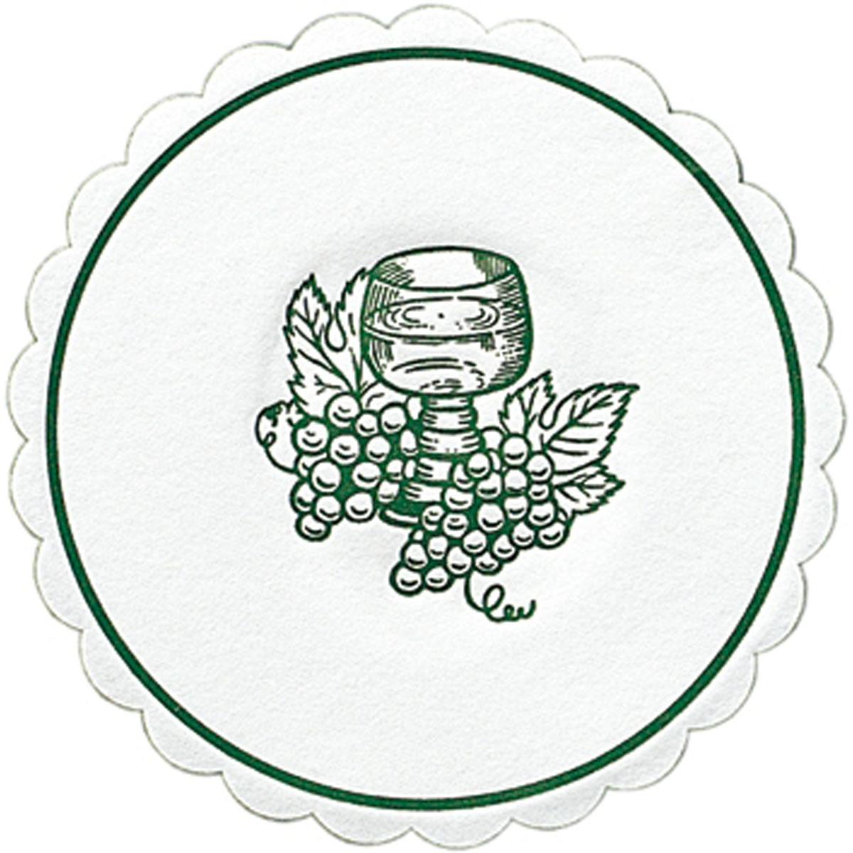 The wine glass coaster Ø 10 cm from Duni GmbH with a round, curved edge, green border, and the central motif of a wine glass and a grape - 8-pack (250 pieces per pack) - is both stylish and practical.