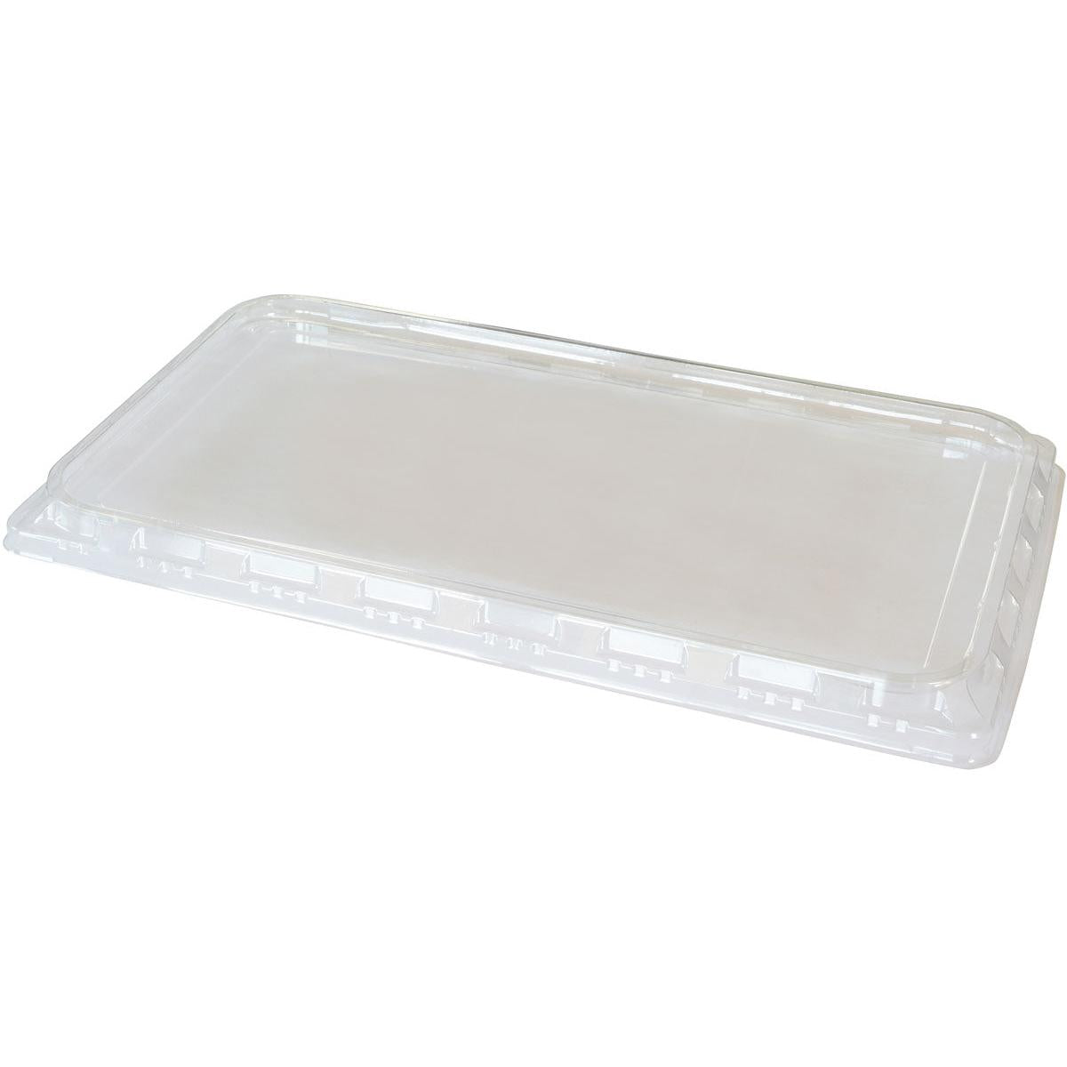 A transparent APET lid for 1/1 GN from Duni GmbH (530x325x30 mm, pack of 32 pieces) lies flat on a white surface and shows a raised edge of clear material.
