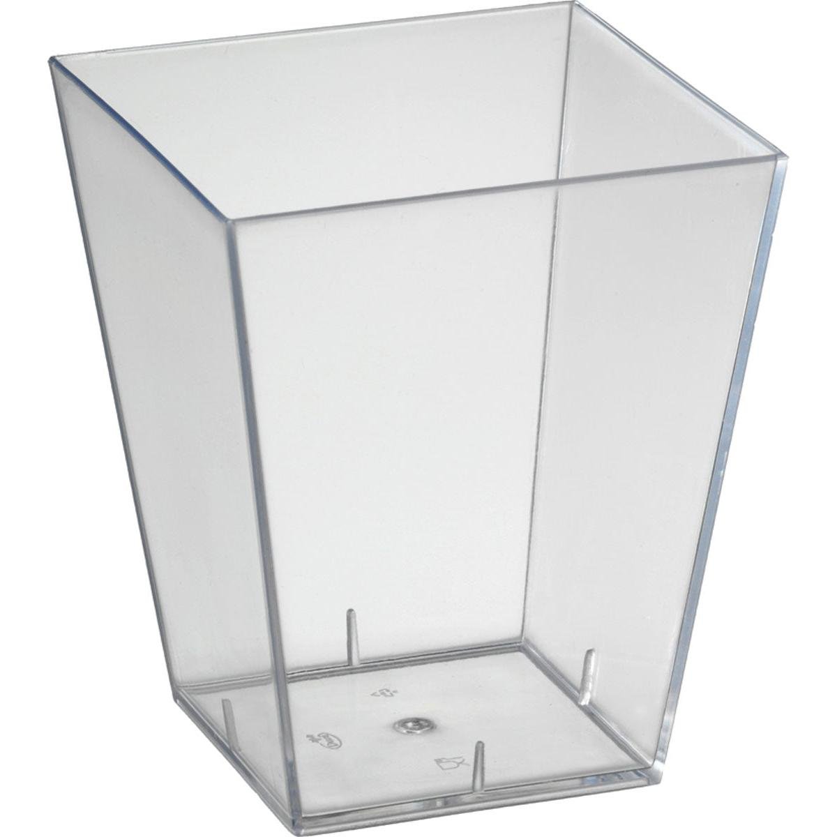 A clear, square plastic cup named Square, Large Transparent PS by Duni GmbH with straight sides and a flat bottom, photographed against a white background.