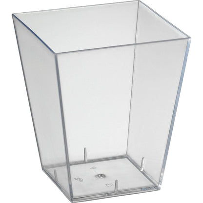 A clear, square plastic cup named Square, Large Transparent PS by Duni GmbH with straight sides and a flat bottom, photographed against a white background.