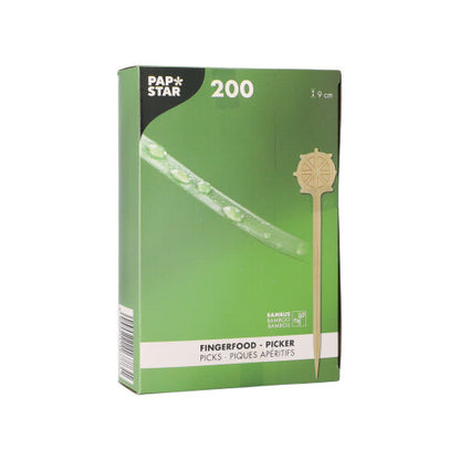 Eine grüne Box der PAPSTAR GmbH Fingerfood Picker "Steuerrad" 9 cm (200 Stück) auf Papptray ist mit einem Picker und Produktdetails auf der Verpackung abgebildet - perfekt für Partys.