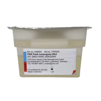 Ein versiegelter Kunststoffbehälter mit der Aufschrift "CWS ParadiseLine Waschraumduft für Duftspender Paradise Air Bar" von CWS, mit Foliendeckel und Kontaktetikett, ist nur für die professionelle Verwendung von Waschraumduft bestimmt.