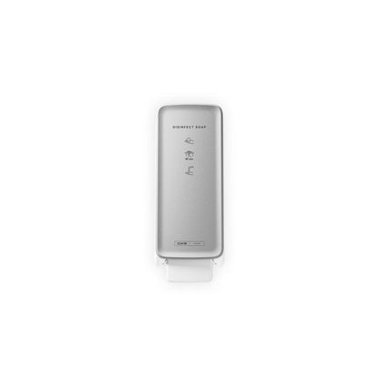 The CWS PureLine front panel for the Disinfect Foam/NT dispenser—a wall-mounted silver unit from CWS—features simple symbols and text instructions made from high-quality materials set against a plain white background.