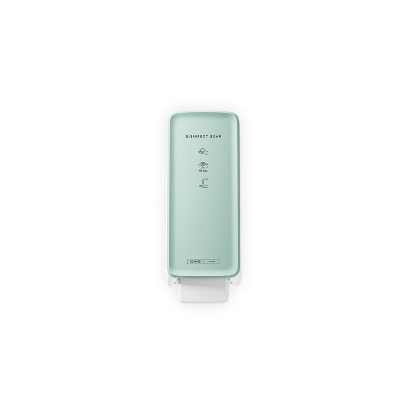 A mint-green, wall-mounted CWS PureLine front panel for the Disinfect Foam/NT dispenser features the words "DISINFECT SOAP," illustrated instructions, and an elegant design against a white background.