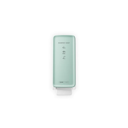 A mint-green, wall-mounted CWS PureLine front panel for the Disinfect Foam/NT dispenser features the words "DISINFECT SOAP," illustrated instructions, and an elegant design against a white background.