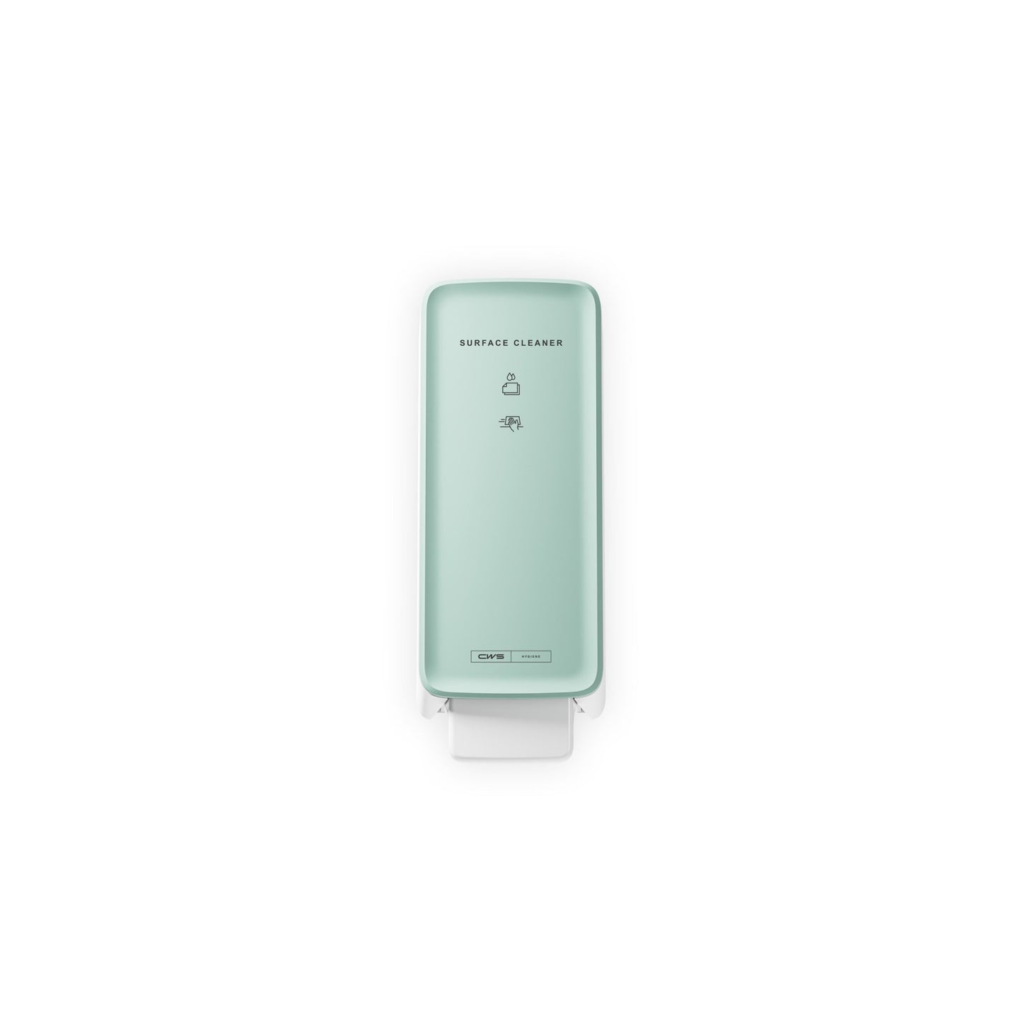 Das CWS PureLine Frontpanel für den Surface Cleaner/NT Spender in Hellgrün bietet eine hygienische Lösung mit Symbolen und Text auf der Vorderseite, die vor einem weißen Hintergrund dargestellt werden.