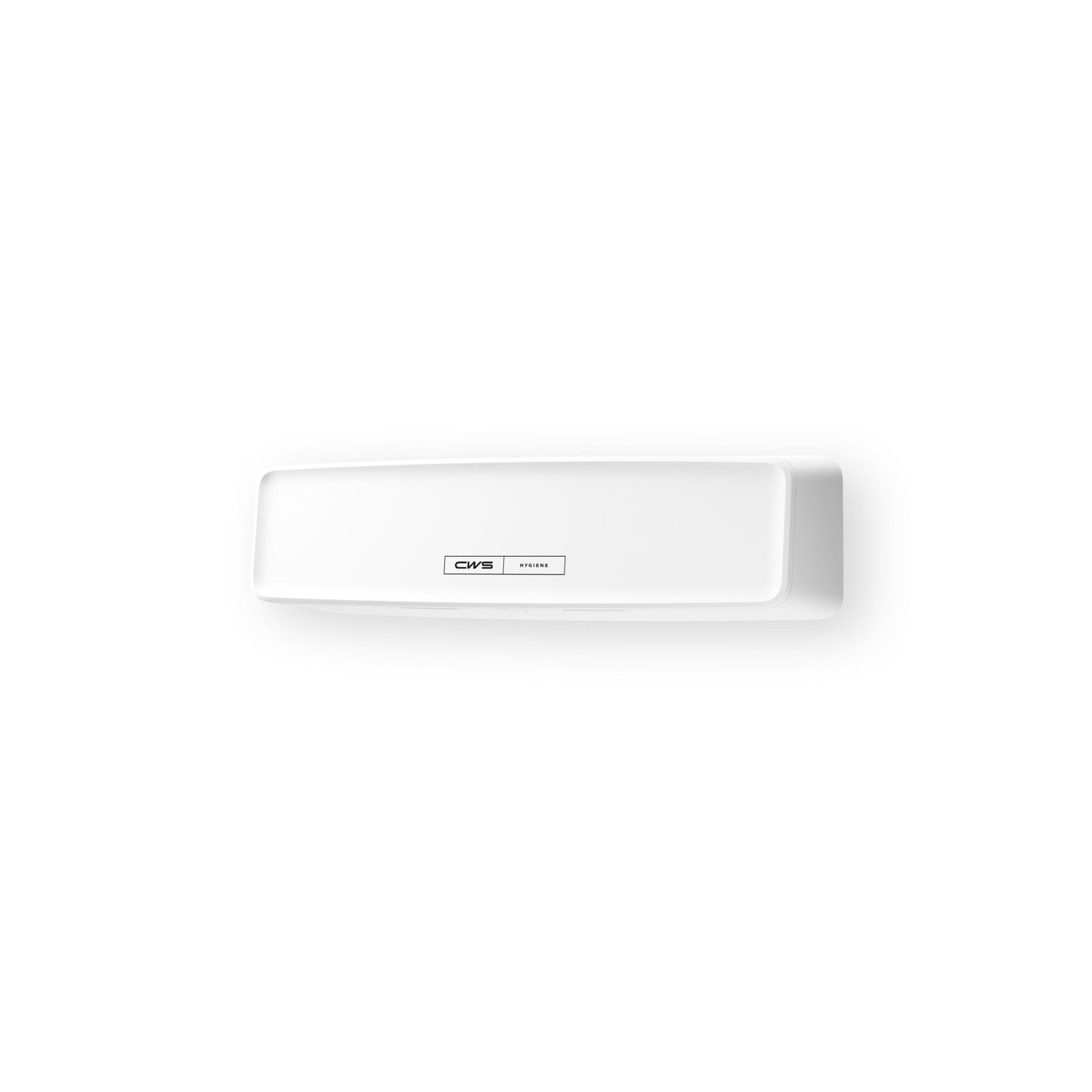 Ein rechteckiger weißer Wandspender mit einem kleinen grauen und schwarzen CWS Etikett, die CWS PureLine AirBar (1 Stück), konzipiert für hygienische Raumluft. Der Hintergrund ist einfarbig weiß.