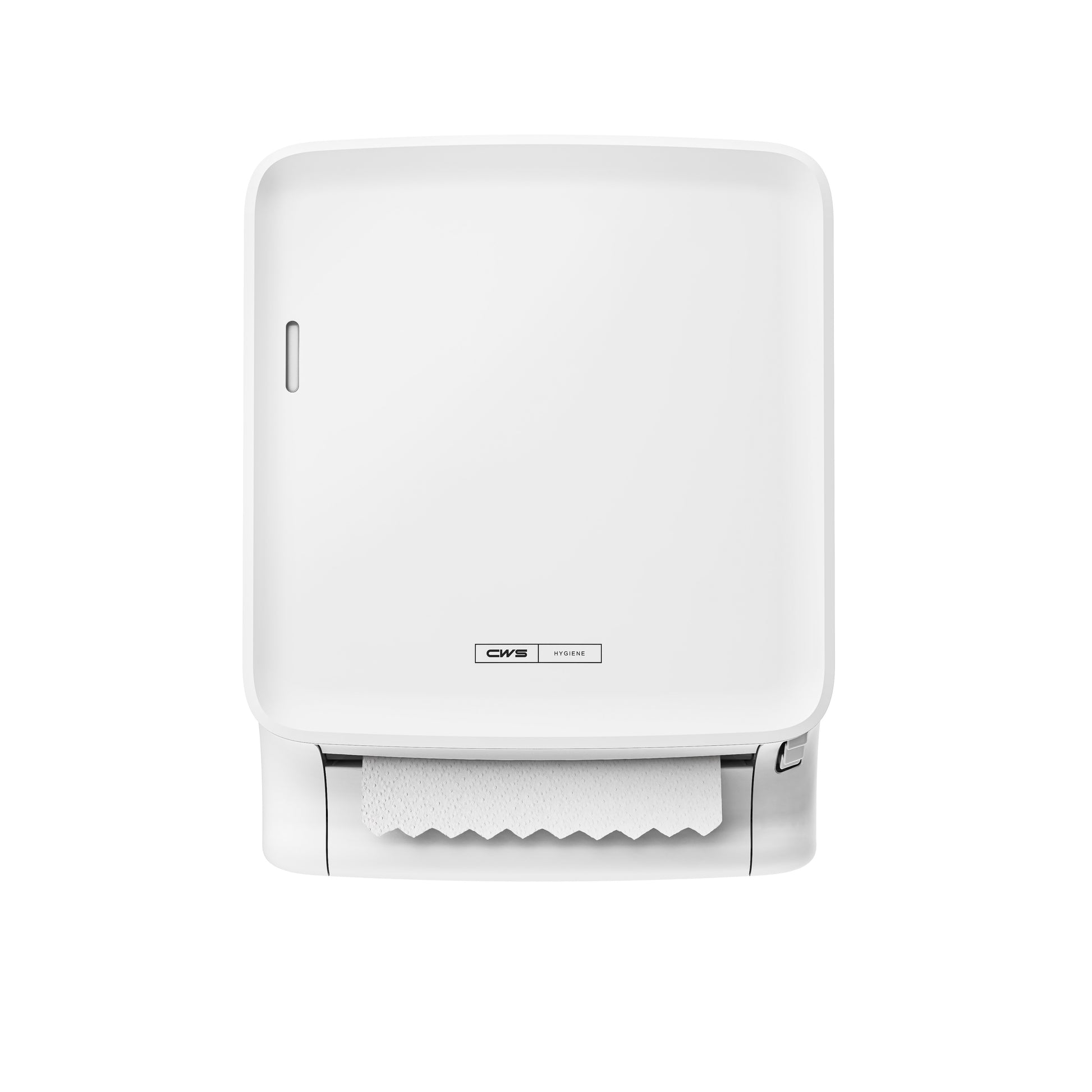 Die CWS PureLine Paperroll | Packung (1 Stück) von CWS ist ein weißer, wandmontierter Spender mit sichtbarem Papierhandtuch, der vor einem unifarbenen Hintergrund steht - ideal für hygienische und umweltfreundliche Umgebungen.