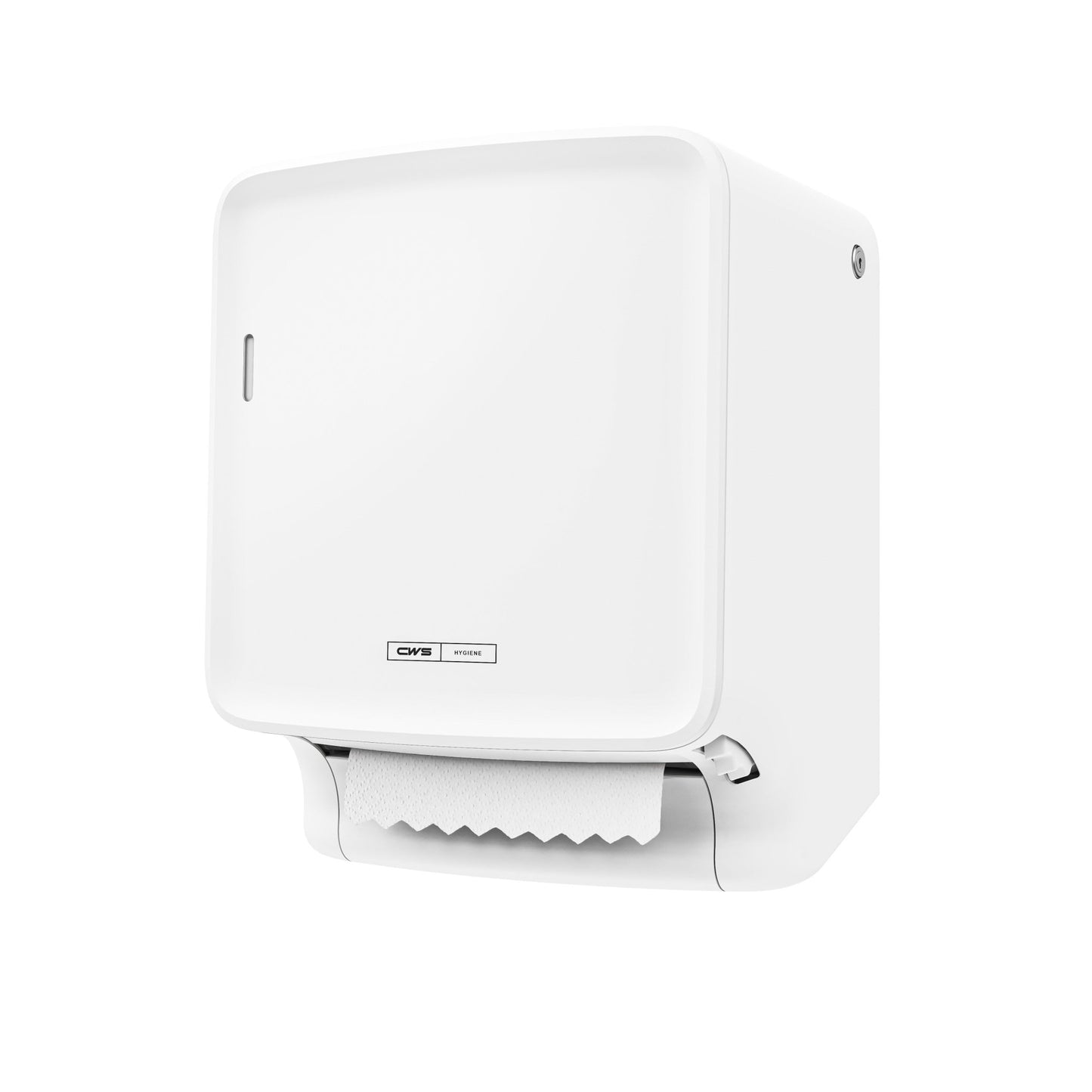 The CWS PureLine Paperroll | Pack (1 piece) from CWS is a white wall-mounted dispenser that dispenses a single paper towel against a plain white background—ideal for eco-friendly hygiene needs.
