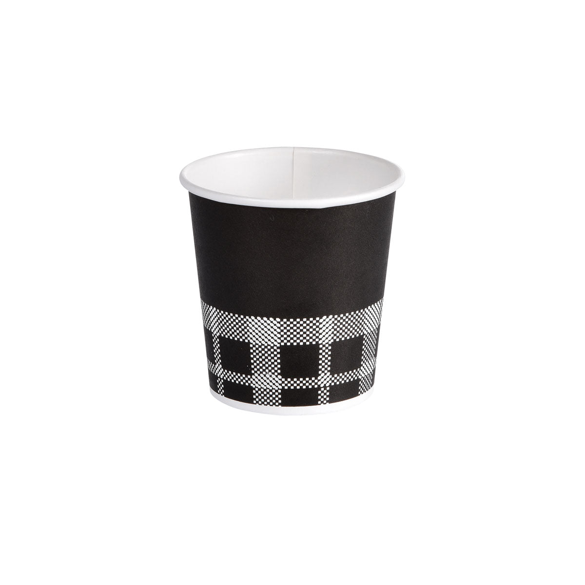 The Izza black printed cup by Duni GmbH made of PAP/PE with a white interior and black-and-white checkered pattern at the bottom stands upright on a white background - an environmentally friendly coffee cup.