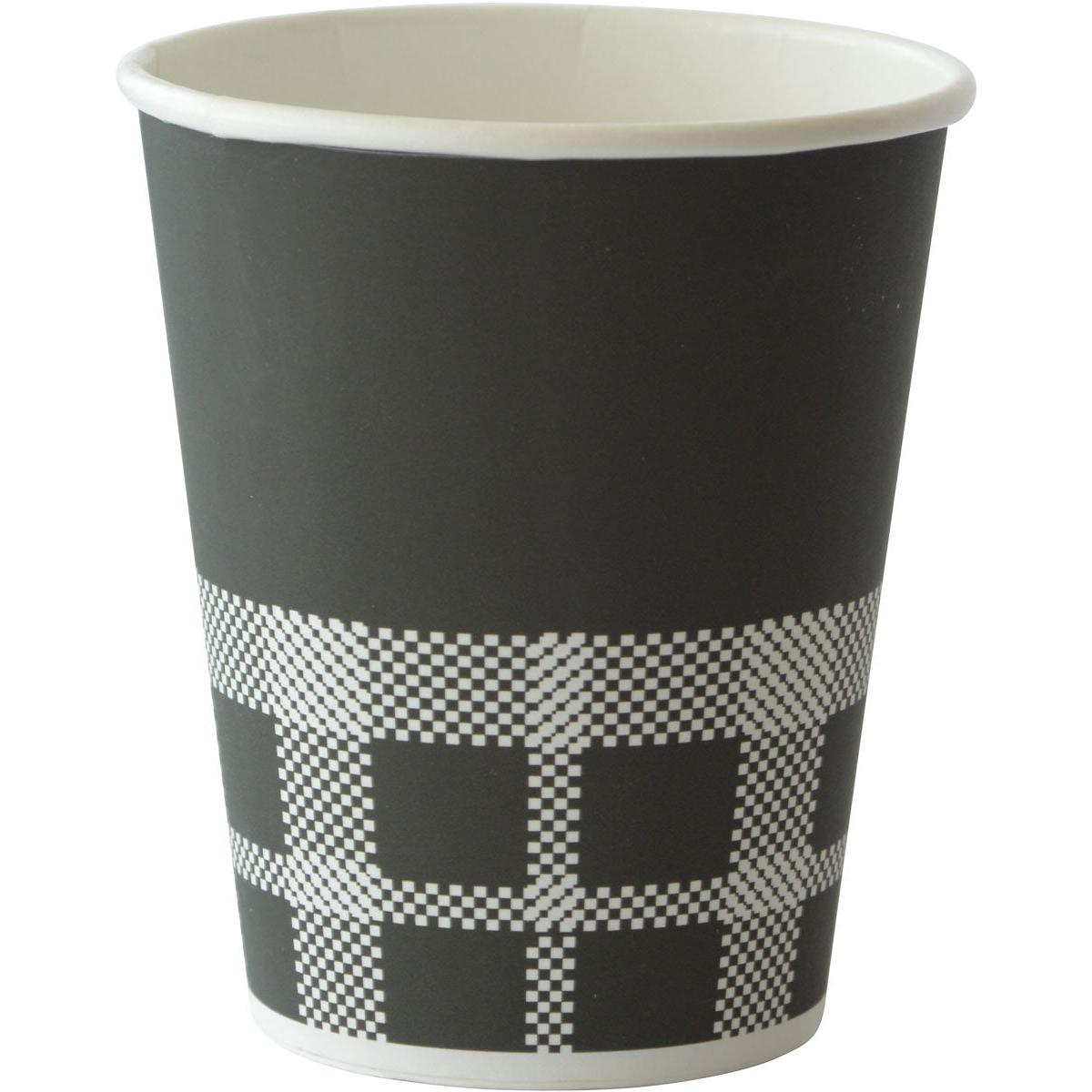 The Izza black printed cup by Duni GmbH is an environmentally friendly PAP/PE paper cup with a simple design, white interior, and black-and-white pixelated checkerboard pattern at the bottom edge.