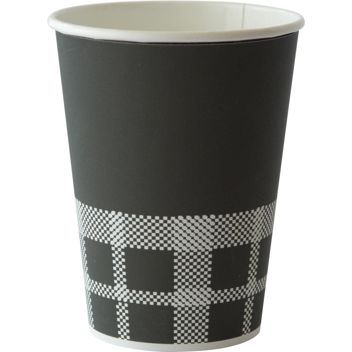 The Izza black printed PAP/PE cup by Duni GmbH is an environmentally friendly, recyclable paper cup with a white interior and a geometric pattern of white squares and rectangles at the bottom edge.