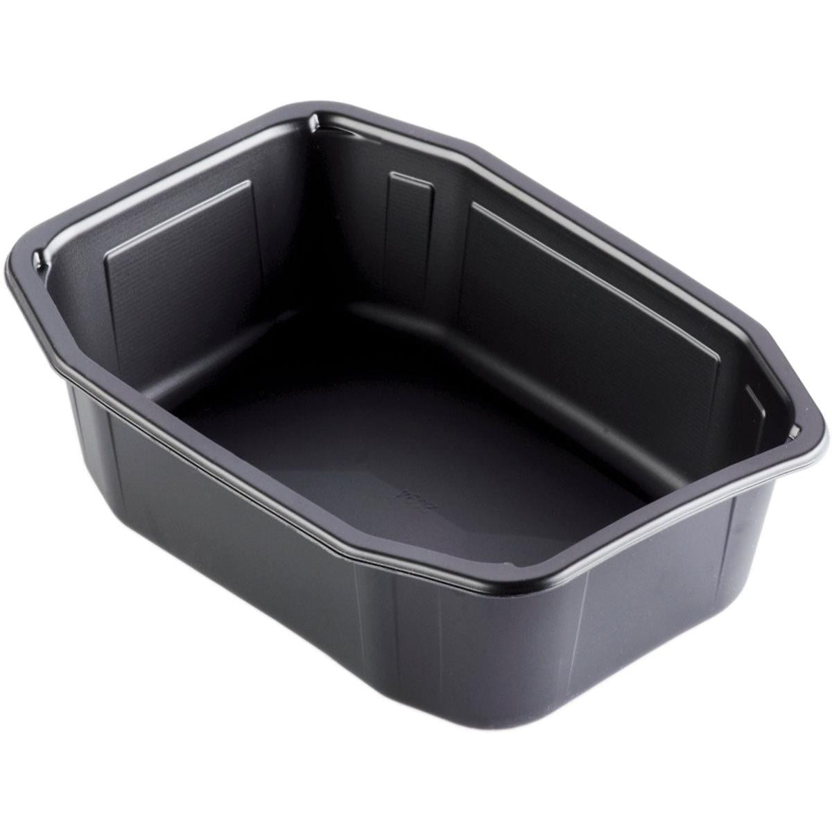 Die PP-Schale HMR Schwarz PP 215x148 von Duni GmbH ist eine schwarze, rechteckige, wiederverwendbare Polypropylen-Schale mit leicht geneigten Seiten und abgerundeten Ecken, leer vor weißem Hintergrund gezeigt.