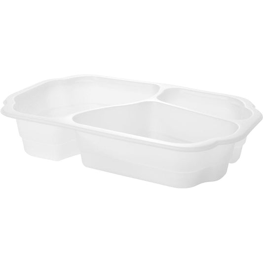 Eine weiße Biokunststoff Schale Take-Away 3 von Duni GmbH (250x159x48 mm) ist schräg abgebildet. Er verfügt über drei Fächer mit abgerundeten Kanten, die durch erhöhte Trennwände voneinander getrennt sind. Die Schale ist leer und besteht aus Kunststoff.