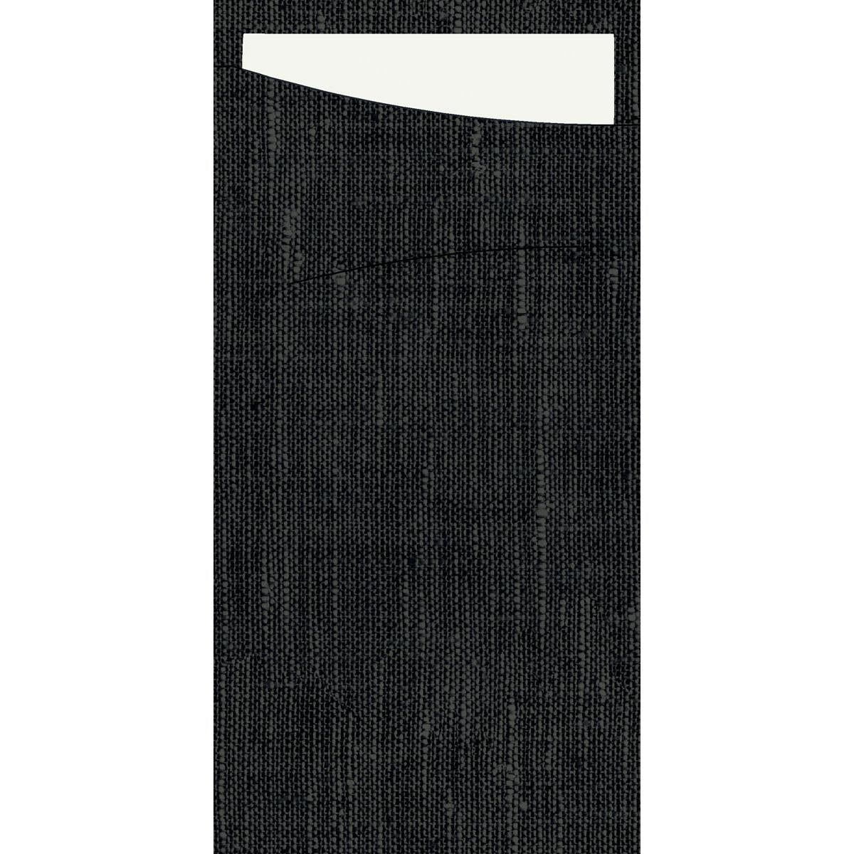 A white Dunisoft 230 x 115 mm sacchetto from Duni GmbH is partially sticking out of the top of a dark, textured cloth bag.