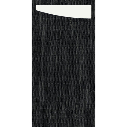 A white Dunisoft 230 x 115 mm sacchetto from Duni GmbH is partially sticking out of the top of a dark, textured cloth bag.