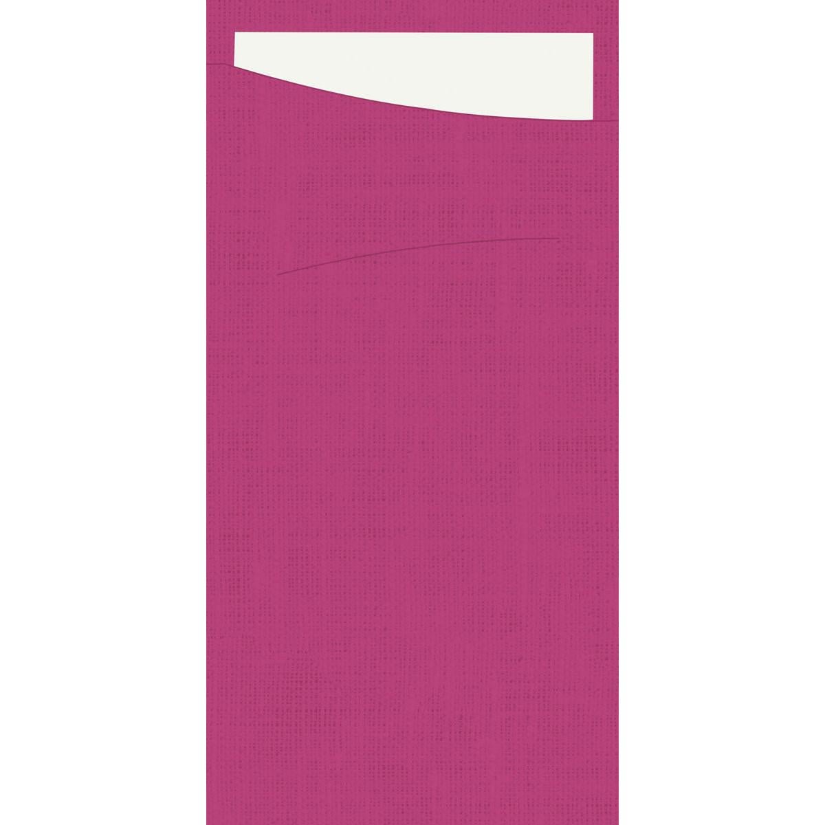 A textured pink background with a white rectangular shape partially visible at the top, resembling a 230 x 115 mm Sacchetto Dunisoft from Duni GmbH peeking out of a bag.