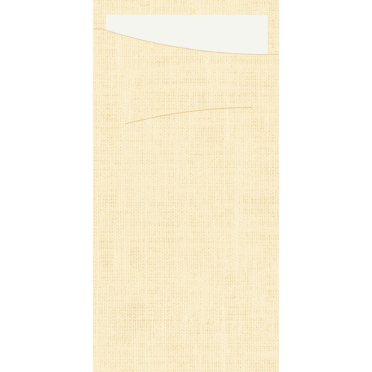 A cream-colored, textured Sacchetto Dunisoft (230 x 115 mm) from Duni GmbH with a visible pocket and a white card, ideal for gift wrapping or as a paper bag.