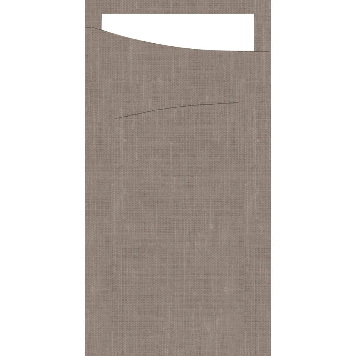 The Sacchetto Dunisoft 230 x 115 mm from Duni GmbH features a light brown, textured fabric, a rectangular white design along the top edge, and a thin, curved black line below the center that resembles gift wrapping.