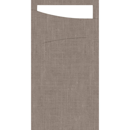 The Sacchetto Dunisoft 230 x 115 mm from Duni GmbH features a light brown, textured fabric, a rectangular white design along the top edge, and a thin, curved black line below the center that resembles gift wrapping.